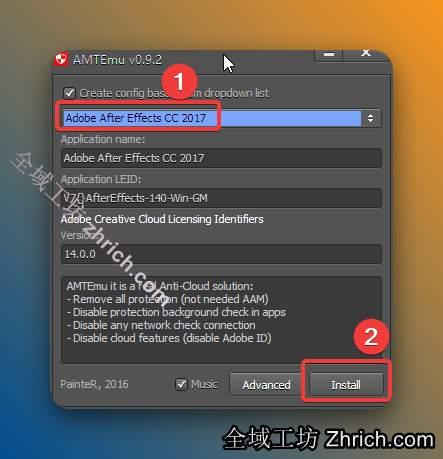 ①点击【展开符号】②选择【Adobe Photoshop CC 2017】③点击【Install】。