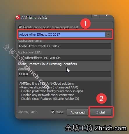 ①点击【展开符号】②选择【Adobe Photoshop CC 2017】③点击【Install】。