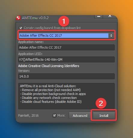 点击图中【1红色框符号】选择【Adobe Premiere Pro CC 2017】，点击【Install】。