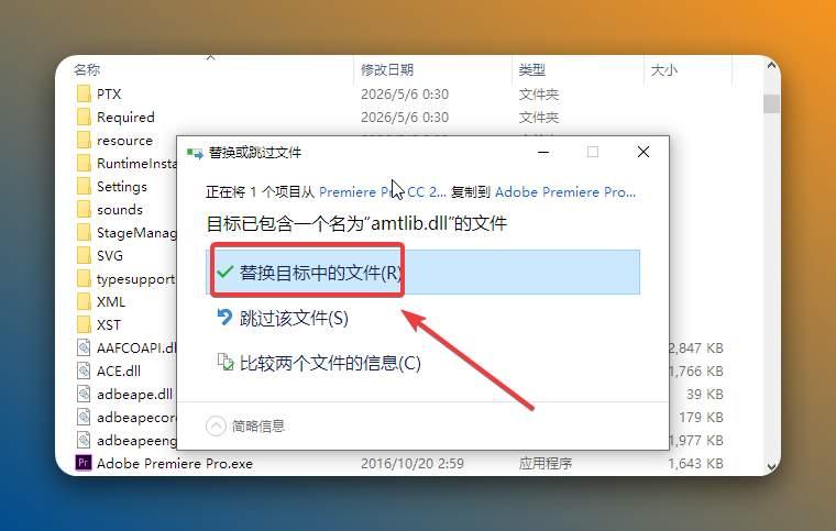 点击【替换目标中的文件】。