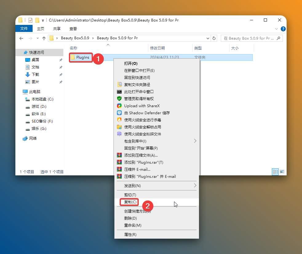 鼠标右击【pluins】文件夹选择【复制】。