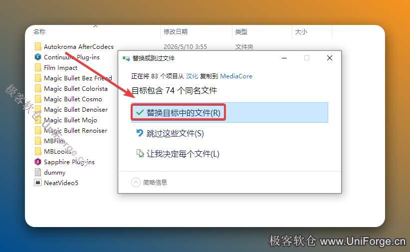 点击【替换目标中的文件】。