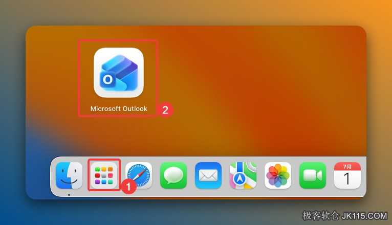 ①打开启动台，②点击【Microsoft Outlook】启动软件。