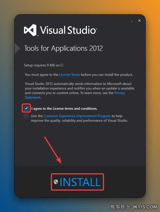 勾选【I agree……】，点击【INSTALL】。